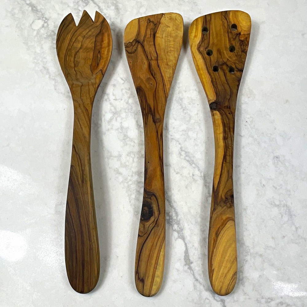 Wood Grain 3-Piece Handmade Cooking Utensil Set Spoon Spatula Slotted Brown